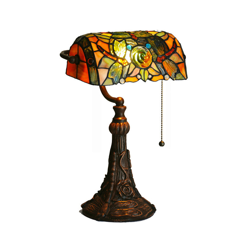 Dragonfly und Blumengeschnitten Gla Banker Beleuchtung Tiffany Stil 1-Licht gelbe Pull-Ketten-Nachttisch-Lampe