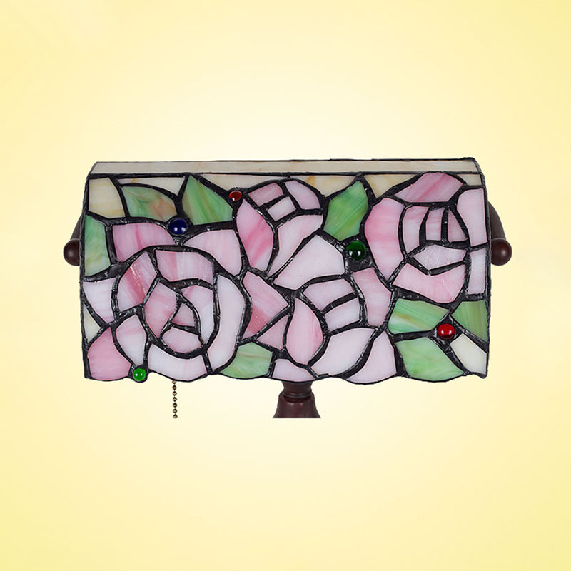 Rose Patterned Piano Lamp Mediterranean Stained Glass 1 Head Pink Pull Chain Desk Lighting