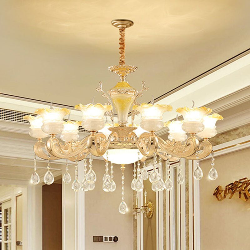 Petal Frosted Glass Hanging Light Kit Minimalistic Gold Pendant Chandelier with Crystal Droplet