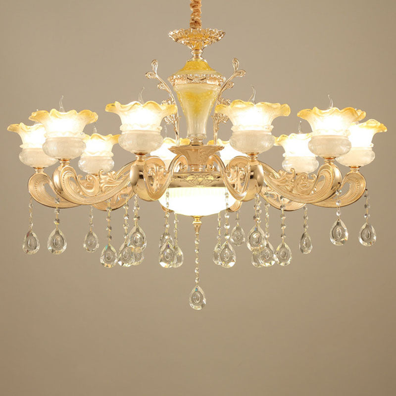 Petal Frosted Glass Hanging Light Kit Minimalistic Gold Pendant Chandelier with Crystal Droplet