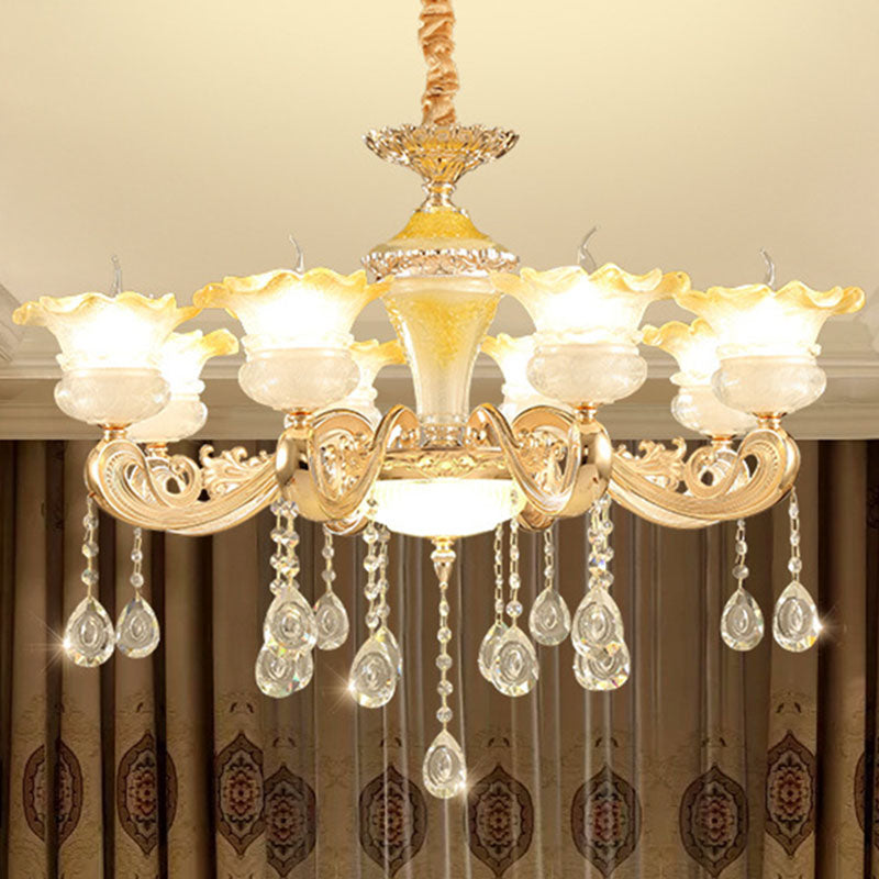 Petal Frosted Glass Hanging Light Kit Minimalistic Gold Pendant Chandelier with Crystal Droplet