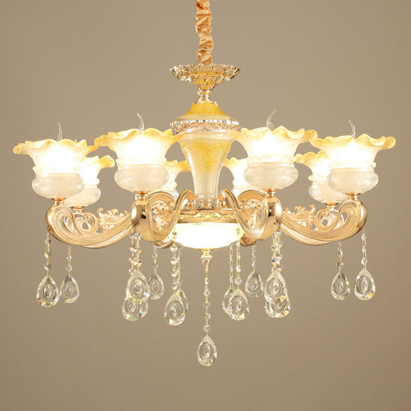 Petal Frosted Glass Hanging Light Kit Minimalistic Gold Pendant Chandelier with Crystal Droplet