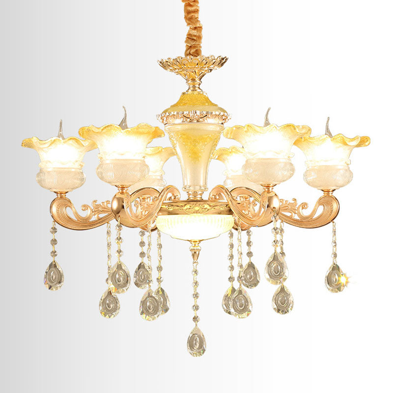 Petal Frosted Glass Hanging Light Kit Minimalistic Gold Pendant Chandelier with Crystal Droplet