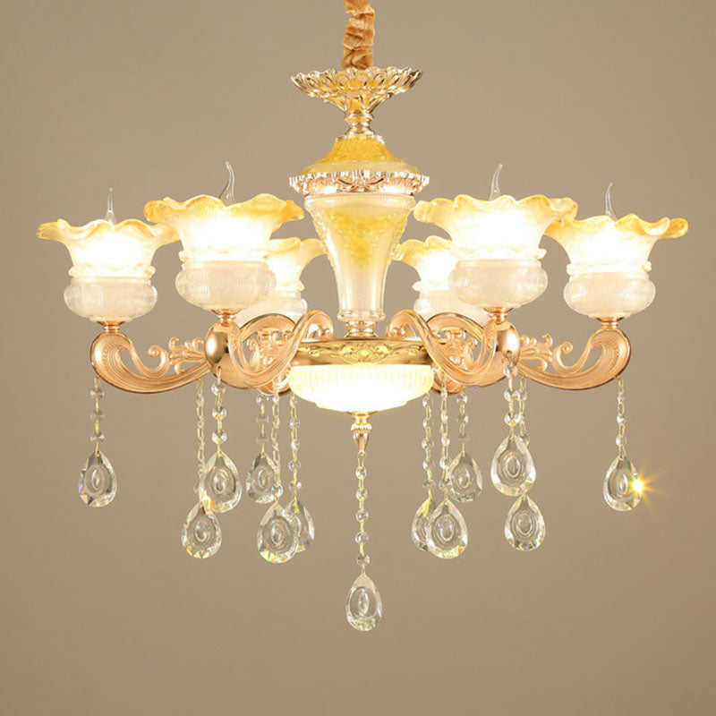 Petal Frosted Glass Hanging Light Kit Minimalistic Gold Pendant Chandelier with Crystal Droplet