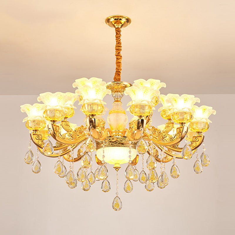 Floral K9 Crystal Drop Lamp Contemporary Gold Chandelier Light Fixture for Bedroom