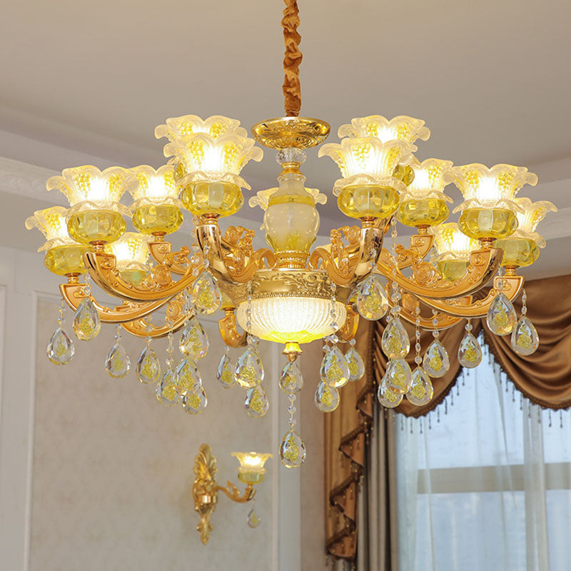 Floral K9 Crystal Drop Lamp Contemporary Gold Chandelier Light Fixture for Bedroom