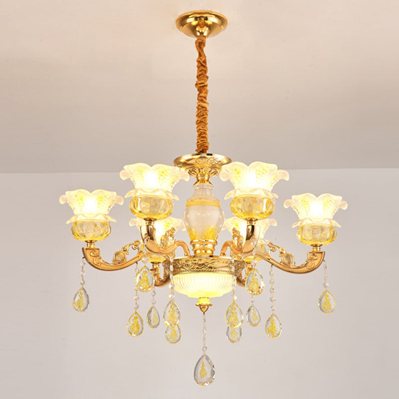 Floral K9 Crystal Drop Lamp Contemporary Gold Chandelier Light Fixture for Bedroom