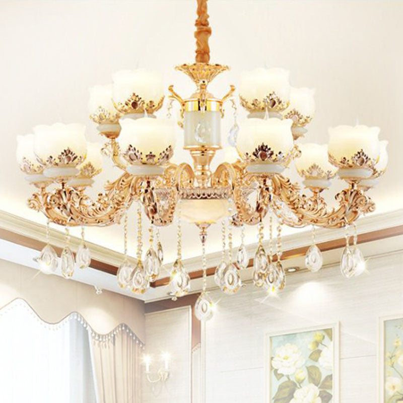 Minimal Chandelier Light Fixture Gold Blossom Crystal Pendant Lighting with Jade Shade