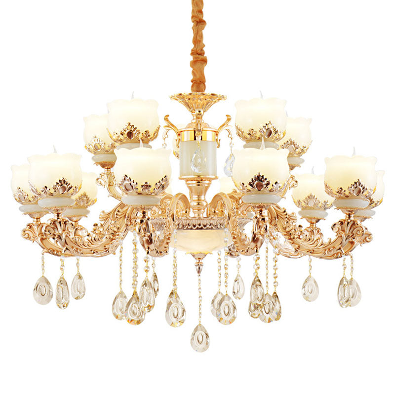 Minimal Chandelier Light Fixture Gold Blossom Crystal Pendant Lighting with Jade Shade