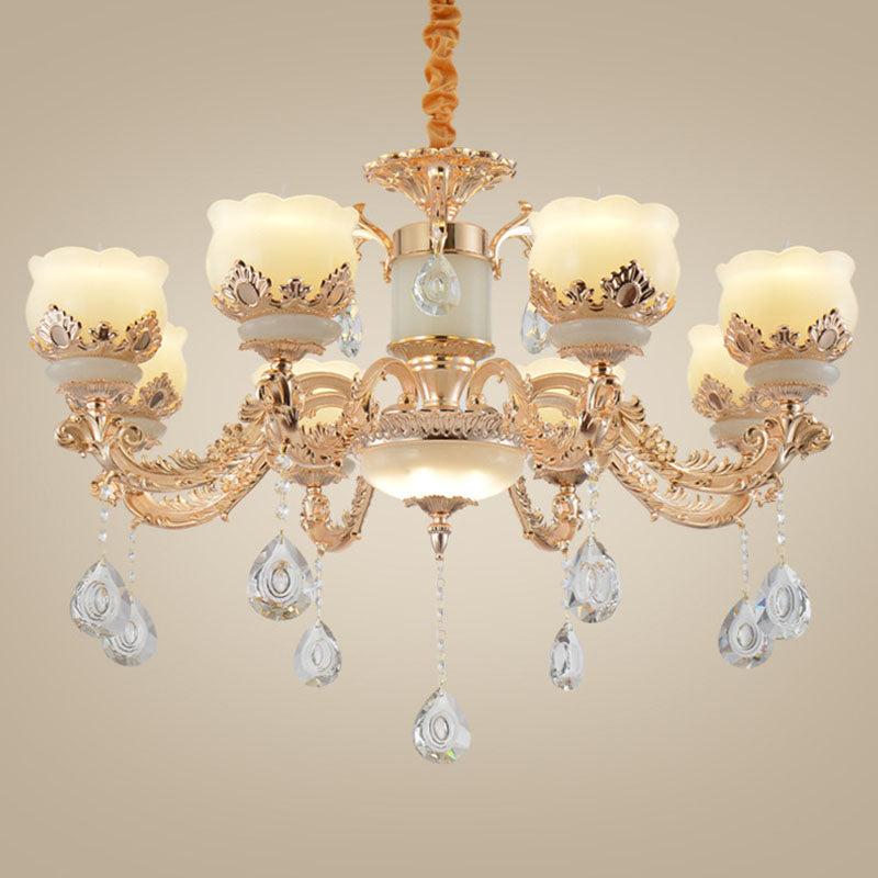 Minimal Chandelier Light Fixture Gold Blossom Crystal Pendant Lighting with Jade Shade