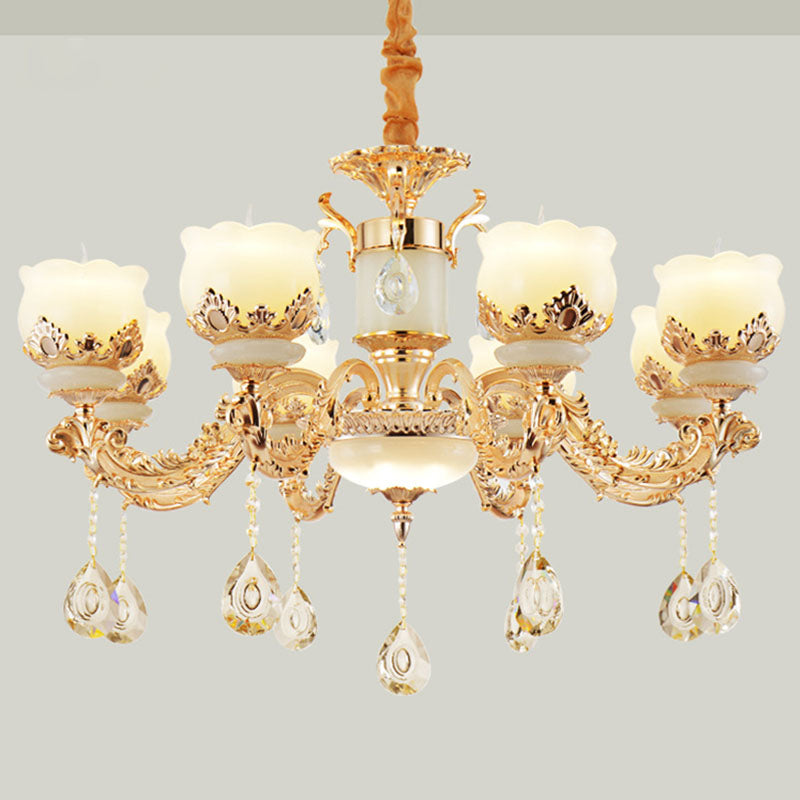 Minimal Chandelier Light Fixture Gold Blossom Crystal Pendant Lighting with Jade Shade