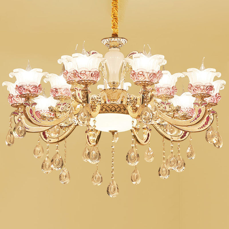 Modern Flower Hanging Chandelier Frosted Glass Living Room Drop Pendant with Dangling Crystal Accent