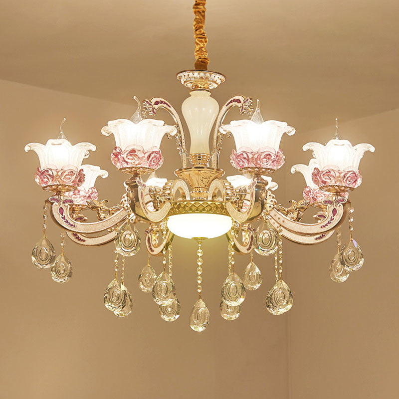 Modern Flower Hanging Chandelier Frosted Glass Living Room Drop Pendant with Dangling Crystal Accent