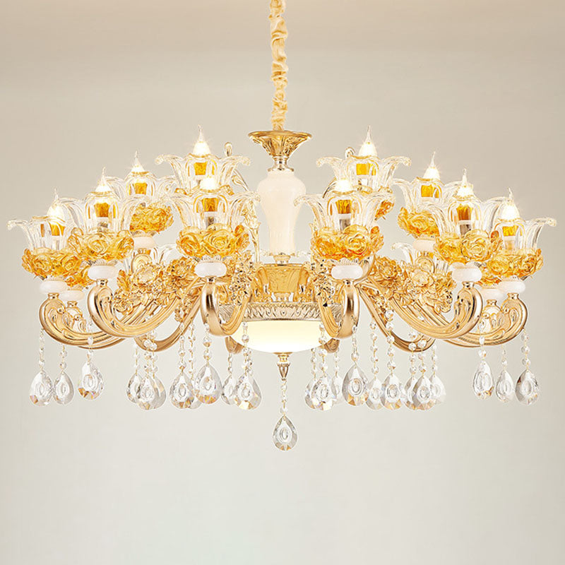 Living Room Chandelier Lamp Simple Gold Suspension Light Fixture with Floral Clear Glass Shade