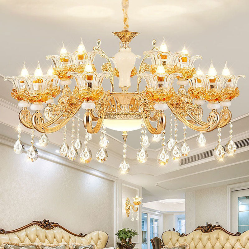 Living Room Chandelier Lamp Simple Gold Suspension Light Fixture with Floral Clear Glass Shade