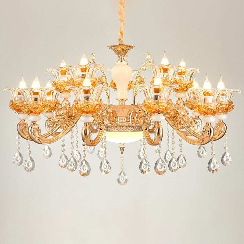 Living Room Chandelier Lamp Simple Gold Suspension Light Fixture with Floral Clear Glass Shade