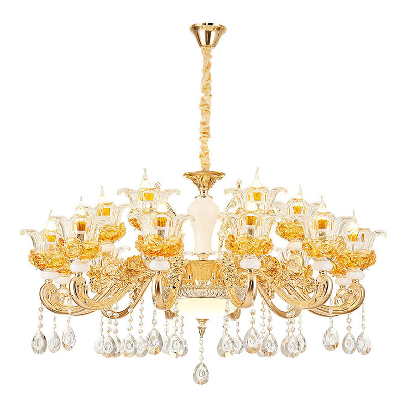 Living Room Chandelier Lamp Simple Gold Suspension Light Fixture with Floral Clear Glass Shade