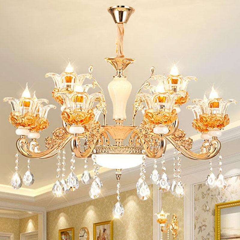 Living Room Chandelier Lamp Simple Gold Suspension Light Fixture with Floral Clear Glass Shade