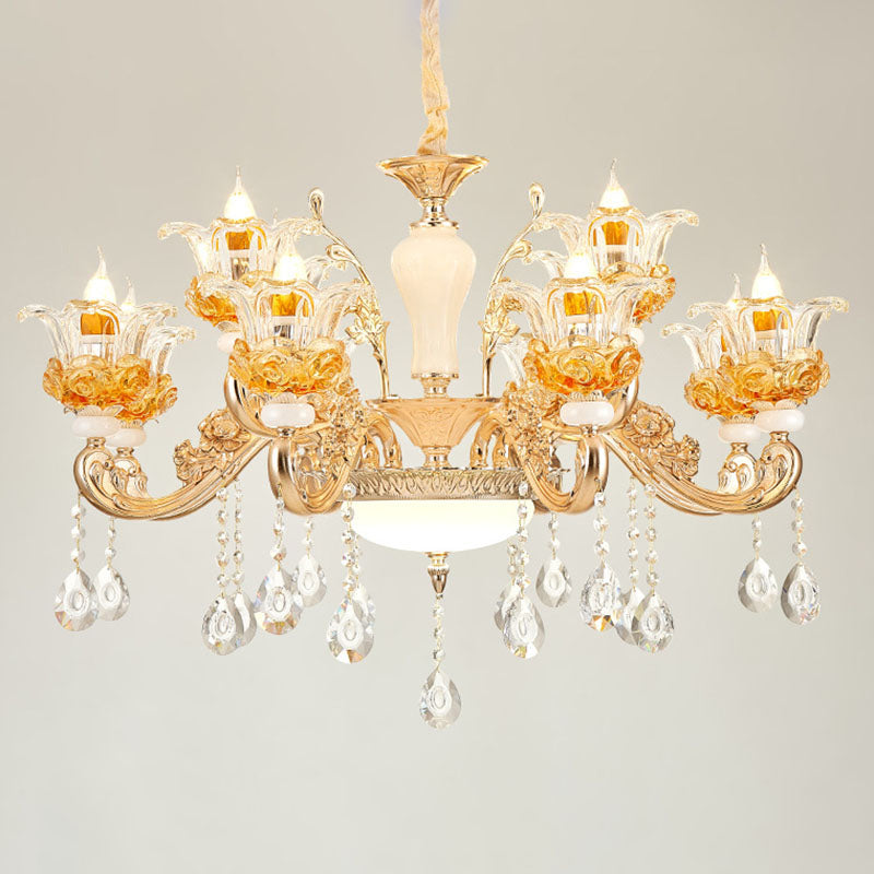 Living Room Chandelier Lamp Simple Gold Suspension Light Fixture with Floral Clear Glass Shade