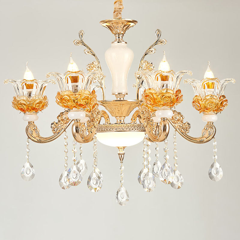 Living Room Chandelier Lamp Simple Gold Suspension Light Fixture with Floral Clear Glass Shade