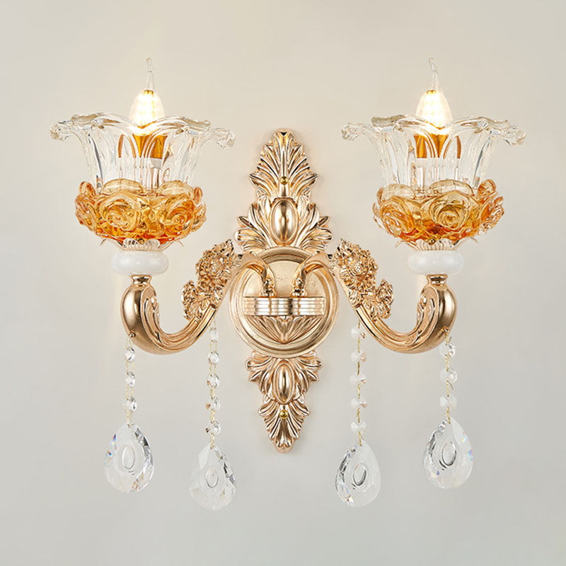 Living Room Chandelier Lamp Simple Gold Suspension Light Fixture with Floral Clear Glass Shade