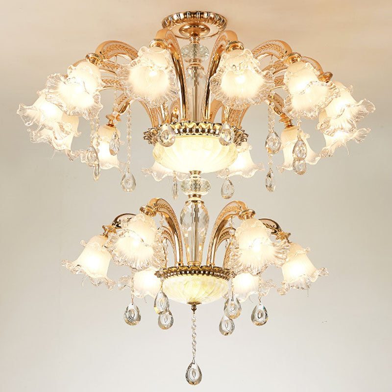 Blossom Pendant Lamp Modern Style Frosted Glass Corridor Chandelier Light with Crystal Ball in Gold