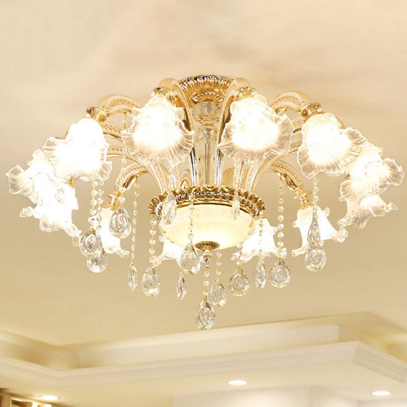 Blossom Pendant Lamp Modern Style Frosted Glass Corridor Chandelier Light with Crystal Ball in Gold