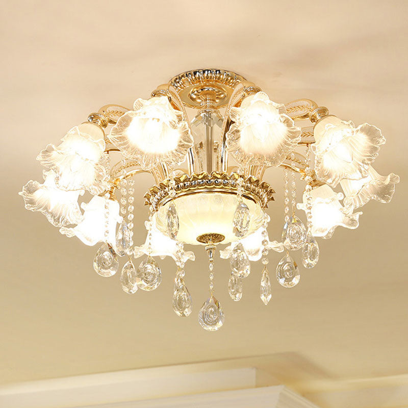 Blossom Pendant Lamp Modern Style Frosted Glass Corridor Chandelier Light with Crystal Ball in Gold