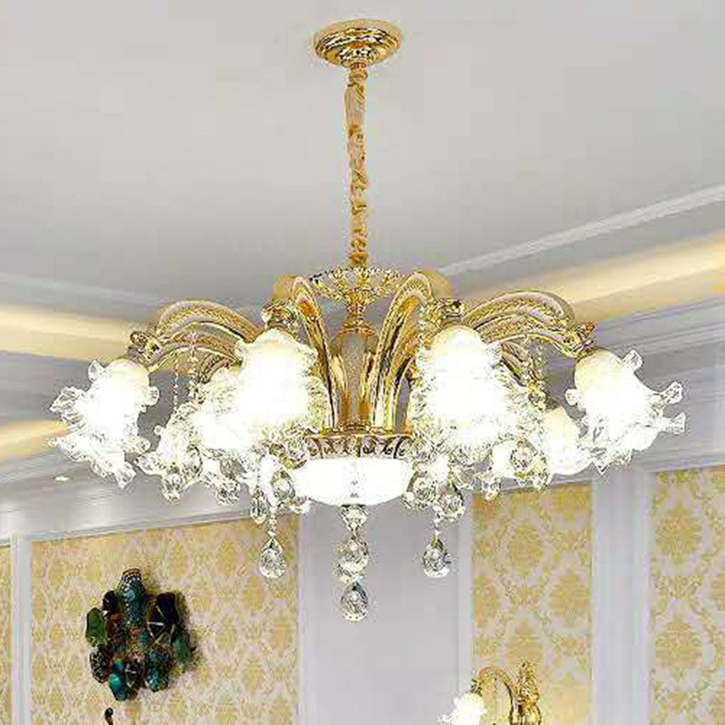 Modernist Floral Pendant Light Kit Clear Glass Living Room Crystal Chandelier Lamp in Gold