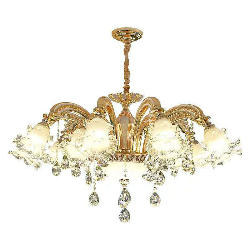 Modernist Floral Pendant Light Kit Clear Glass Living Room Crystal Chandelier Lamp in Gold