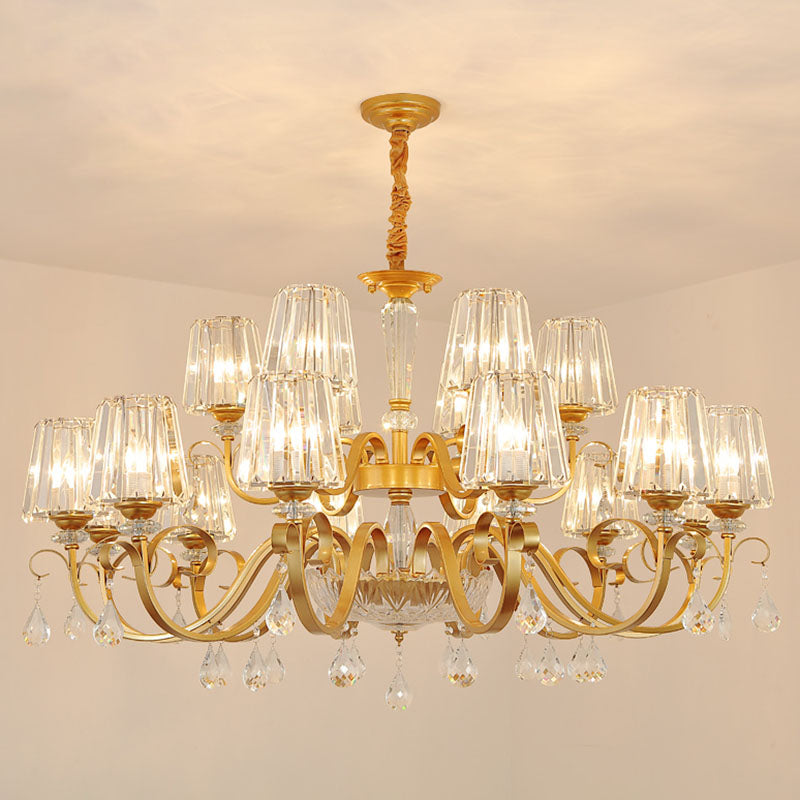 Tapered Beveled Crystal Hanging Light Kit Simplicity Gold Ceiling Chandelier with Scrolled Arm