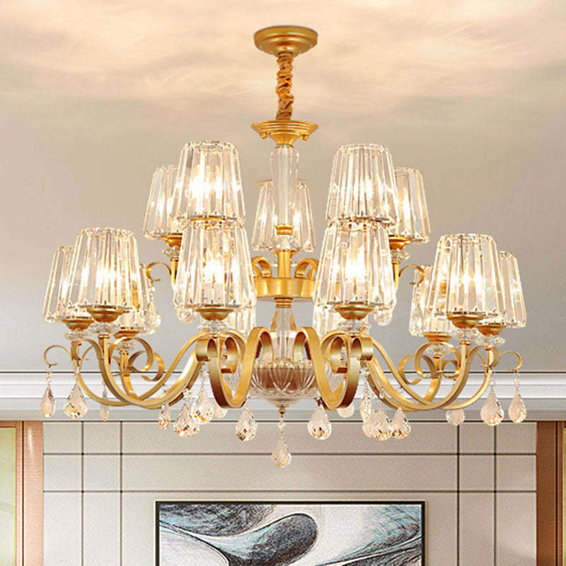 Tapered Beveled Crystal Hanging Light Kit Simplicity Gold Ceiling Chandelier with Scrolled Arm