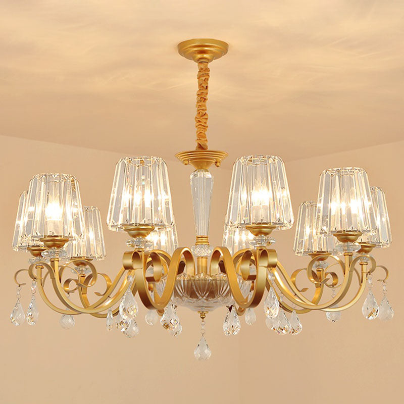 Tapered Beveled Crystal Hanging Light Kit Simplicity Gold Ceiling Chandelier with Scrolled Arm