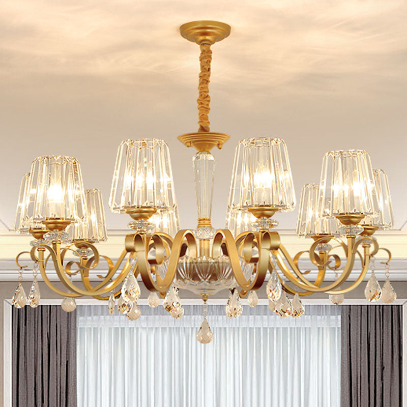 Tapered Beveled Crystal Hanging Light Kit Simplicity Gold Ceiling Chandelier with Scrolled Arm