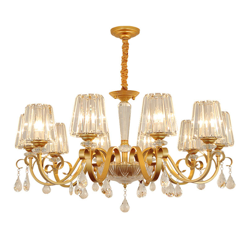 Tapered Beveled Crystal Hanging Light Kit Simplicity Gold Ceiling Chandelier with Scrolled Arm