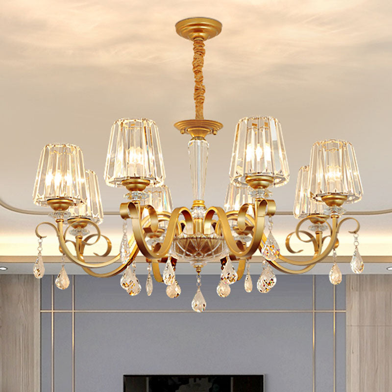 Tapered Beveled Crystal Hanging Light Kit Simplicity Gold Ceiling Chandelier with Scrolled Arm