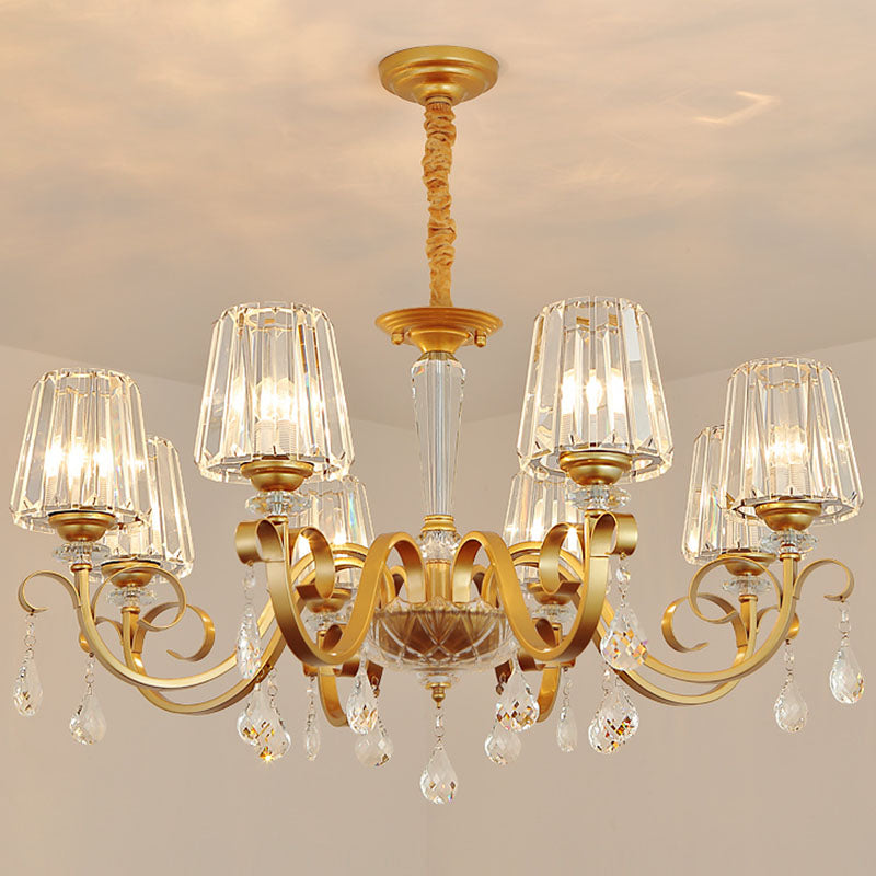 Tapered Beveled Crystal Hanging Light Kit Simplicity Gold Ceiling Chandelier with Scrolled Arm