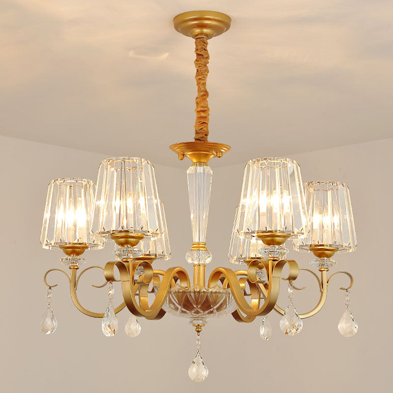 Tapered Beveled Crystal Hanging Light Kit Simplicity Gold Ceiling Chandelier with Scrolled Arm