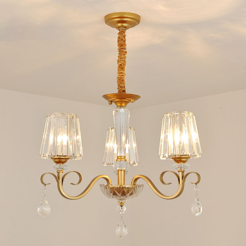 Tapered Beveled Crystal Hanging Light Kit Simplicity Gold Ceiling Chandelier with Scrolled Arm