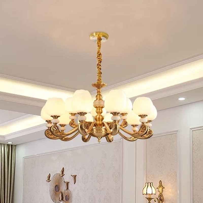 Opal Glass Bud Pendant Chandelier Modern Style Brass Suspension Lighting with Curved Arm