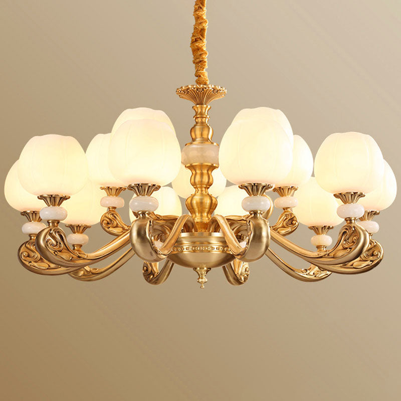 Opal Glass Bud Pendant Chandelier Modern Style Brass Suspension Lighting with Curved Arm