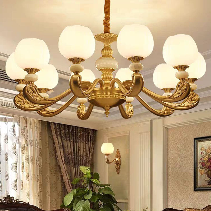 Opal Glass Bud Pendant Chandelier Modern Style Brass Suspension Lighting with Curved Arm