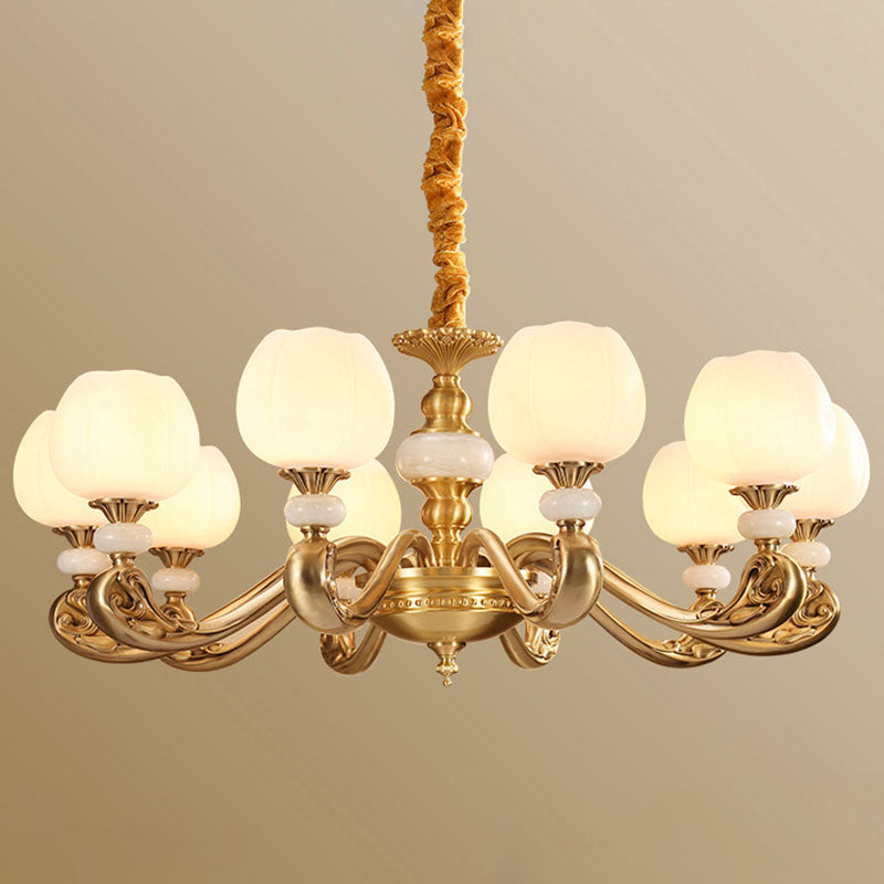 Opal Glass Bud Pendant Chandelier Modern Style Brass Suspension Lighting with Curved Arm