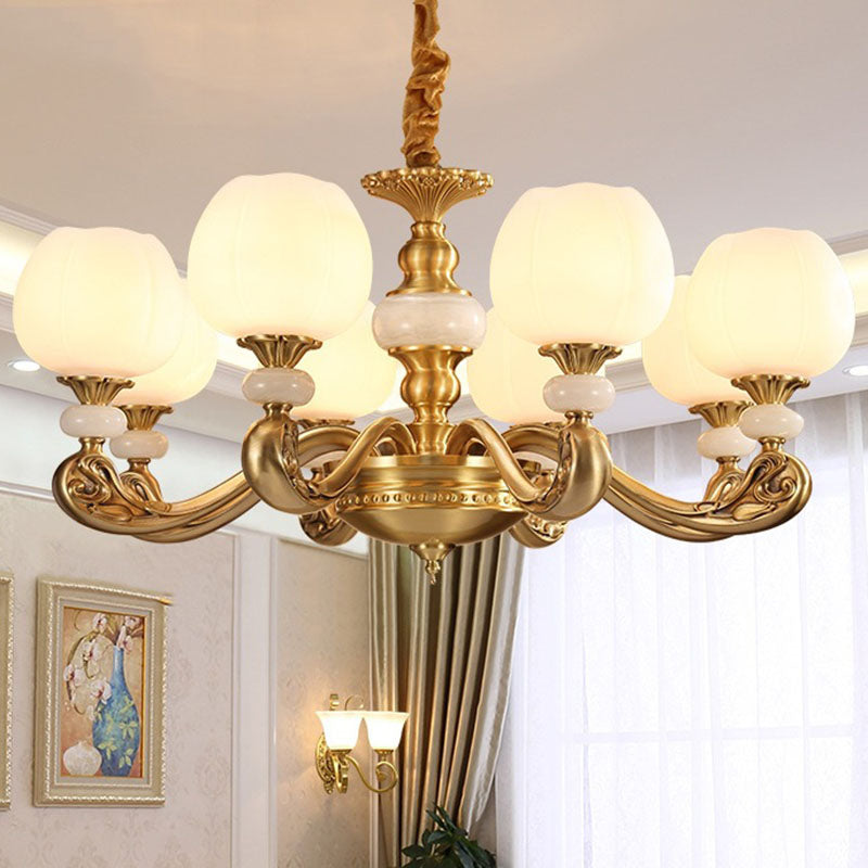 Opal Glass Bud Pendant Chandelier Modern Style Brass Suspension Lighting with Curved Arm