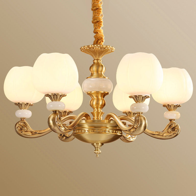 Opal Glass Bud Pendant Chandelier Modern Style Brass Suspension Lighting with Curved Arm