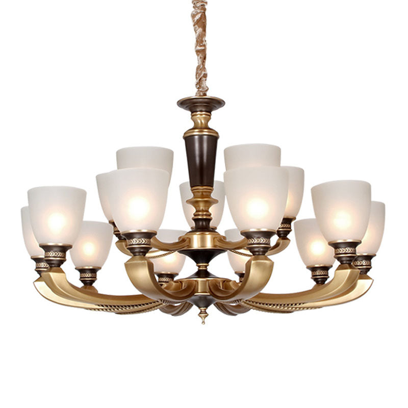 Simplicity Chandelier Lamp Brass Bowl Suspension Lighting Fixture with White Frosted Glass Shad