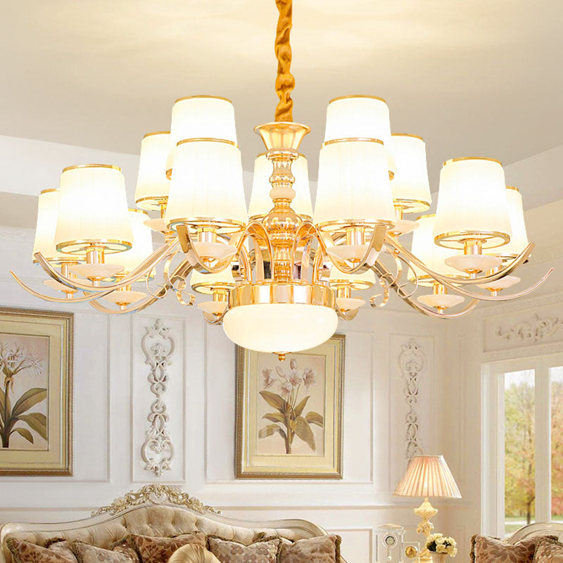 Opal Glass Barrel Chandelier Modernist Gold Pendant Lighting Fixture with Curving Arm