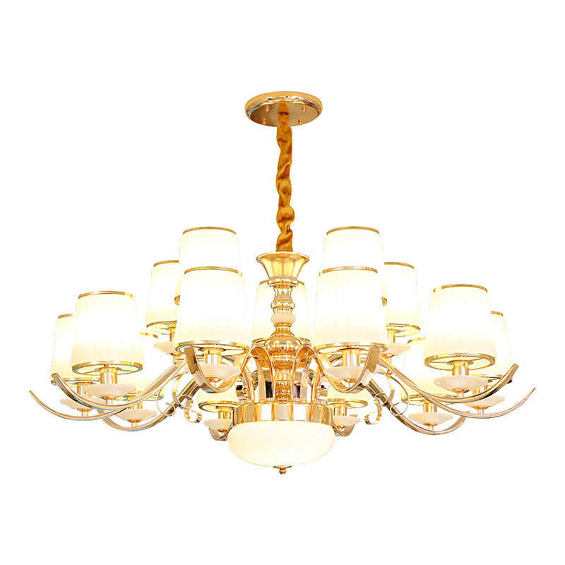 Opal Glass Barrel Chandelier Modernist Gold Pendant Lighting Fixture with Curving Arm