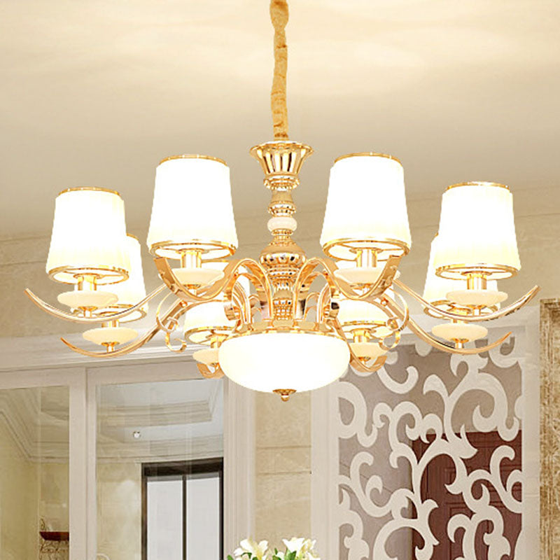 Opal Glass Barrel Chandelier Modernist Gold Pendant Lighting Fixture with Curving Arm