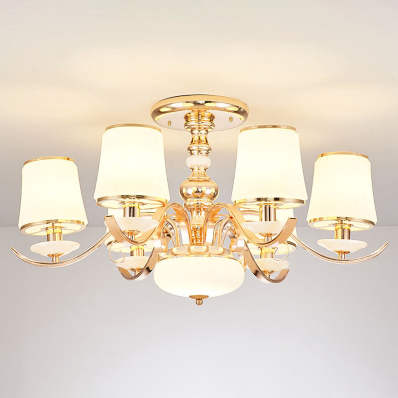 Opal Glass Barrel Chandelier Modernist Gold Pendant Lighting Fixture with Curving Arm